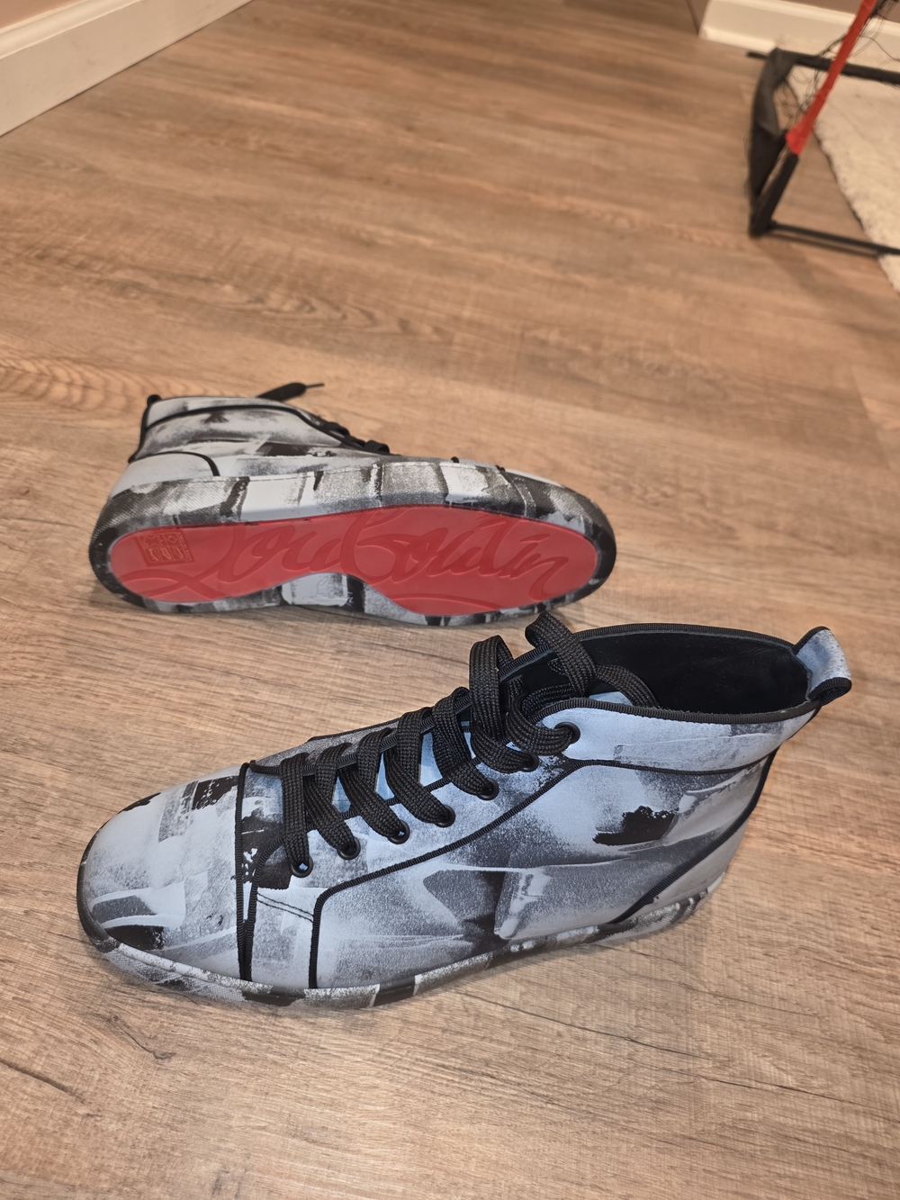 Christian Louboutin Men's High-Top Sneakers in Gray, Black and Red Sole